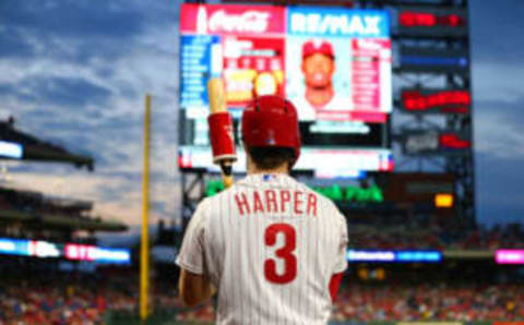 PHILADELPHIA, PA – APRIL 16: Bryce Harper #3 of the Philadelphia Phillies waits to bat in the on deck circle against the New York Mets during a game at Citizens Bank Park on April 16, 2019 in Philadelphia, Pennsylvania. (Photo by Rich Schultz/Getty Images)