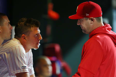 PHILADELPHIA, PA – APRIL 16: Nick Pivetta #43 of the Philadelphia Phillies talks with pitching coach Chris Young #45 in the dugout during a game against the New York Mets at Citizens Bank Park on April 16, 2019 in Philadelphia, Pennsylvania. The Phillies defeated the Mets 14-3. (Photo by Rich Schultz/Getty Images)