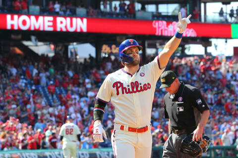 PHILADELPHIA, PA – MAY 18: Bryce Harper #3 of the Philadelphia Phillies gestures after he hit a home run during the first inning of a game against the Colorado Rockies at Citizens Bank Park on May 18, 2019 in Philadelphia, Pennsylvania. (Photo by Rich Schultz/Getty Images)