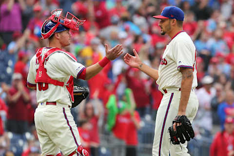 PHILADELPHIA, PA – APRIL 28: Pitcher Zach Eflin #56 of the Philadelphia Phillies is congratulated by catcher Andrew Knapp #15 after pitching a complete game 5-1 win over the Miami Marlins during a game at Citizens Bank Park on April 28, 2019 in Philadelphia, Pennsylvania. (Photo by Rich Schultz/Getty Images)