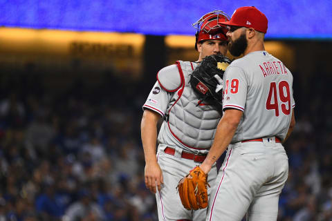 LOS ANGELES, CA – MAY 31: Philadelphia Phillies catcher J.T. Realmuto (10) talks with Philadelphia Phillies pitcher Jake Arrieta (49) during a MLB game between the Philadelphia Phillies and the Los Angeles Dodgers on May 31, 2019 at Dodger Stadium in Los Angeles, CA. (Photo by Brian Rothmuller/Icon Sportswire via Getty Images)