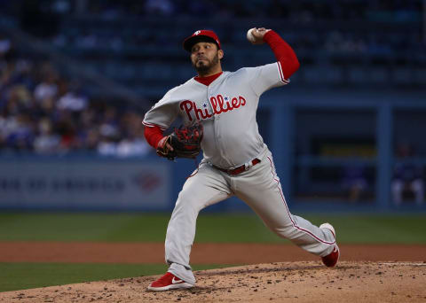 LOS ANGELES, CALIFORNIA – JUNE 01: Pitcher Jose Alvarez #52 of the Philadelphia Phillies pitches in the second inning of the MLB game against the Los Angeles Dodgers at Dodger Stadium on June 01, 2019 in Los Angeles, California. (Photo by Victor Decolongon/Getty Images)