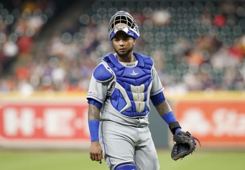 HOUSTON, TX – MAY 08: Martin Maldonado #16 of the Kansas City Royals looks to the dugout in the first inning against the Houston Astros at Minute Maid Park on May 8, 2019 in Houston, Texas. (Photo by Tim Warner/Getty Images)