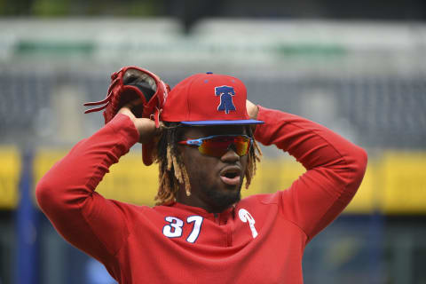 KANSAS CITY, MO – MAY 11: Odubel Herrera #37 of the Philadelphia Phillies warms up prior to a game against the Kansas City Royals at Kauffman Stadium on May 11, 2019 in Kansas City, Missouri. (Photo by Ed Zurga/Getty Images)