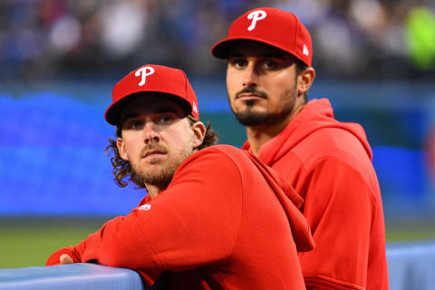 LOS ANGELES, CA – JUNE 01: Philadelphia Phillies pitcher Aaron Nola (27) and Philadelphia Phillies pitcher Vince Velasquez (21) look on during a MLB game between the Philadelphia Phillies and the Los Angeles Dodgers on June 1, 2019 at Dodger Stadium in Los Angeles, CA. (Photo by Brian Rothmuller/Icon Sportswire via Getty Images)