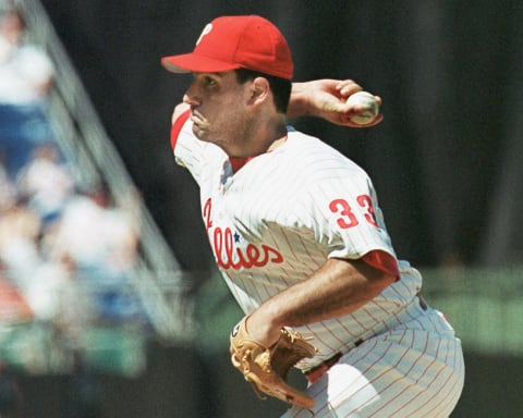 The Philadelphia Phillies’ starting pitcher Chad Ogea unleashes a fast ball in his game against the Florida Marlins 29 July 1999, in Philadelphia. The Phillies won 12-1 putting them 10 games over the .500 mark. AFP PHOTO / Tom MIHALEK (Photo by TOM MIHALEK / AFP) (Photo credit should read TOM MIHALEK/AFP/Getty Images)