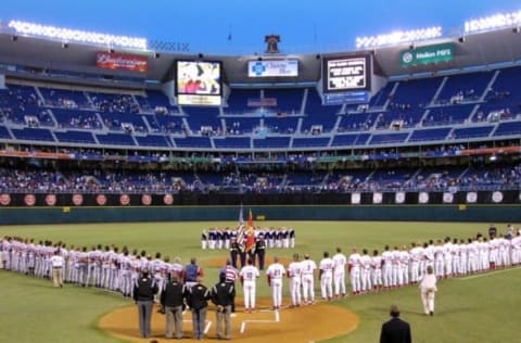 Pre-game ceremony at Veterans Stadium (Tom Mihalek/AFP via Getty Images)