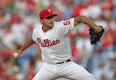 PHILADELPHIA, PA – JUNE 12: Starting pitcher Zach Eflin #56 of the Philadelphia Phillies delivers a pitch in the first inning during a game against the Arizona Diamondbacks at Citizens Bank Park on June 12, 2019 in Philadelphia, Pennsylvania. (Photo by Hunter Martin/Getty Images)