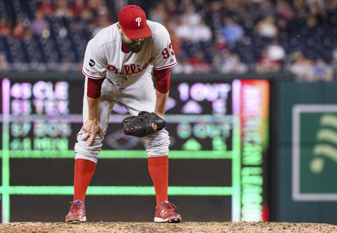 WASHINGTON, DC – JUNE 19: Philadelphia Phillies relief pitcher Pat Neshek (93) leans over after injuring himself on pitch in the eighth inning during the game between the Philadelphia Phillies and the Washington Nationals on June 19, 2019, at Nationals Park, in Washington D.C. (Photo by Mark Goldman/Icon Sportswire via Getty Images)