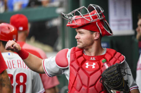 WASHINGTON, DC – JUNE 19: Philadelphia Phillies catcher Andrew Knapp (15) in action during the game between the Philadelphia Phillies and the Washington Nationals on June 19, 2019, at Nationals Park, in Washington D.C. (Photo by Mark Goldman/Icon Sportswire via Getty Images)