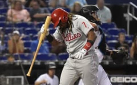 MIAMI, FL – JUNE 30: Maikel Franco #7 of the Philadelphia Phillies hits his helmet with his bat after striking out in the second inning against the Miami Marlins at Marlins Park on June 30, 2019 in Miami, Florida. (Photo by Eric Espada/Getty Images)