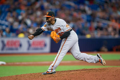 ST. PETERSBURG, FL – JULY 02: Baltimore Orioles Pitcher Mychal Givens (60) delivers a pitch during a Major League Baseball game between the Baltimore Orioles and the Tampa Bay Rays on July 2, 2019, at Tropicana Field in St. Petersburg, Florida. (Photo by Mary Holt/Icon Sportswire via Getty Images)