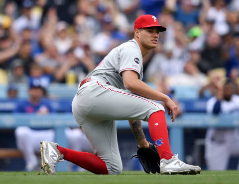 LOS ANGELES, CALIFORNIA – JUNE 02: Yacksel Rios #53 of the Philadelphia Phillies reacts to his throwing error on a bunt single from Chris Taylor #3 of the Los Angeles Dodgers, allowing two runs to score, to trail 6-0 during the eighth inning at Dodger Stadium on June 02, 2019 in Los Angeles, California. (Photo by Harry How/Getty Images)