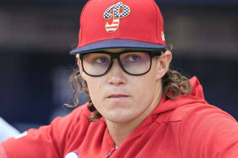 ATLANTA, GA – JULY 04: Philadelphia Phillies Pitcher JD Hammer (65) looks on prior to the regular season MLB game between the Braves and Phillies on July 4, 2019 at SunTrust Park in Atlanta, GA. (Photo by David John Griffin/Icon Sportswire via Getty Images)