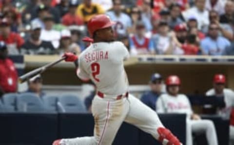 SAN DIEGO, CA – JUNE 05: Jean Segura #2 of the Philadelphia Phillies plays during a baseball game against the San Diego Padres at Petco Park June 5, 2019 in San Diego, California. (Photo by Denis Poroy/Getty Images)