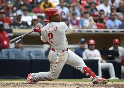 SAN DIEGO, CA – JUNE 05: Jean Segura #2 of the Philadelphia Phillies plays during a baseball game against the San Diego Padres at Petco Park June 5, 2019 in San Diego, California. (Photo by Denis Poroy/Getty Images)