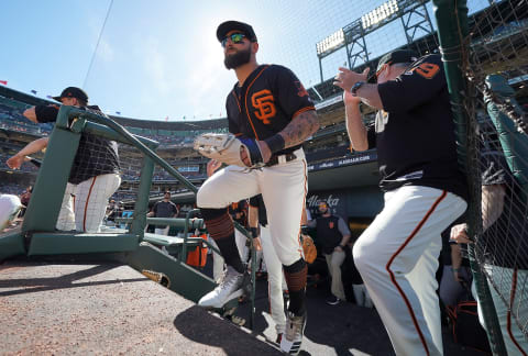 SAN FRANCISCO, CA – June 08: Kevin Pillar #1 of the San Francisco Giants runs out of the dugout onto the field for the start of a Major League Baseball game against the Los Angeles Dodgers at Oracle Park on June 8, 2019, in San Francisco, California. (Photo by Thearon W. Henderson/Getty Images)