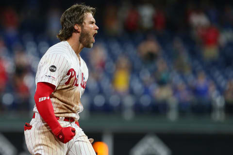 PHILADELPHIA, PA – JULY 16: Bryce Harper #3 of the Philadelphia Phillies reacts after hitting a walk-off two run double in the ninth inning to defeat the Los Angeles Dodgers 9-8 in a baseball game at Citizens Bank Park on July 16, 2019 in Philadelphia, Pennsylvania. (Photo by Rich Schultz/Getty Images)