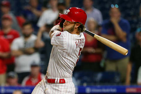 PHILADELPHIA, PA – JULY 16: Bryce Harper #3 of the Philadelphia Phillies hits a walk-off two run double in the ninth inning to defeat the Los Angeles Dodgers 9-8 in a baseball game at Citizens Bank Park on July 16, 2019 in Philadelphia, Pennsylvania. (Photo by Rich Schultz/Getty Images)