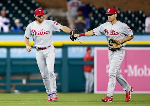 DETROIT, MI – JULY 24: Brad Miller #33 of the Philadelphia Phillies celebrates with Adam Haseley #40 after a 3-2 win over the Detroit Tigers in 15 innings at Comerica Park on July 24, 2019 in Detroit, Michigan. (Photo by Duane Burleson/Getty Images)