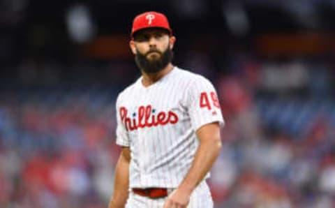 PHILADELPHIA, PA – JULY 26: Philadelphia Phillies Starting Pitcher Jake Arrieta (49) walks to the dugout in the third inning during the game between the Atlanta Braves and Philadelphia Phillies on July 26, 2019 at Citizens Bank Park in Philadelphia, PA. (Photo by Kyle Ross/Icon Sportswire via Getty Images)