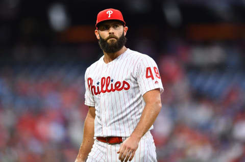 PHILADELPHIA, PA – JULY 26: Philadelphia Phillies Starting Pitcher Jake Arrieta (49) walks to the dugout in the third inning during the game between the Atlanta Braves and Philadelphia Phillies on July 26, 2019 at Citizens Bank Park in Philadelphia, PA. (Photo by Kyle Ross/Icon Sportswire via Getty Images)