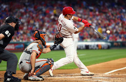 PHILADELPHIA, PA – JULY 30: Philadelphia Phillies Catcher J.T. Realmuto (10) hits in the fourth inning during the game between the San Francisco Giants and Philadelphia Phillies on July 30, 2019 at Citizens Bank Park in Philadelphia, PA. (Photo by Kyle Ross/Icon Sportswire via Getty Images)