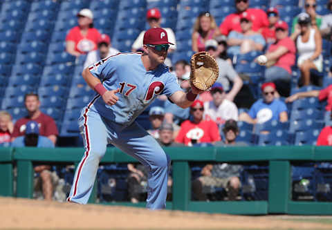 PHILADELPHIA, PA – JUNE 27: Rhys Hoskins #17 of the Philadelphia Phillies during a game against the New York Mets at Citizens Bank Park on June 27, 2019 in Philadelphia, Pennsylvania. The Phillies won 6-3. (Photo by Hunter Martin/Getty Images)