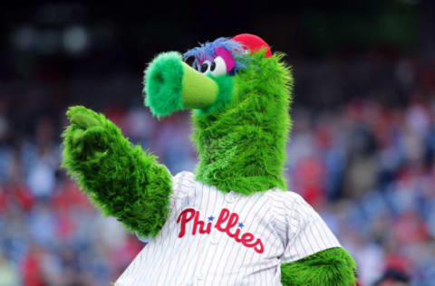 PHILADELPHIA, PA – APRIL 30: The Phillie Phanatic performs during a game against the Detroit Tigers at Citizens Bank Park on April 30, 2019 in Philadelphia, Pennsylvania. The Tigers won 3-1. (Photo by Hunter Martin/Getty Images)