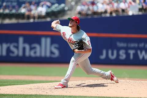 NEW YORK, NEW YORK – JULY 07: Aaron Nola #27 of the Philadelphia Phillies pitches against the New York Mets during their game at Citi Field on July 07, 2019 in New York City. (Photo by Al Bello/Getty Images)