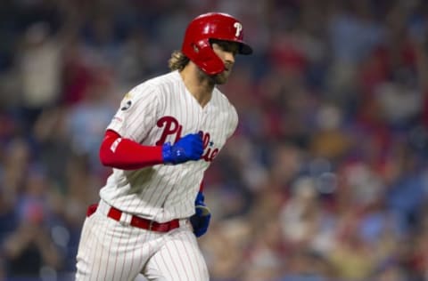 PHILADELPHIA, PA – AUGUST 14: Bryce Harper #3 of the Philadelphia Phillies rounds the bases after hitting a solo home run in the bottom of the sixth inning against the Chicago Cubs at Citizens Bank Park on August 14, 2019 in Philadelphia, Pennsylvania. The Phillies defeated the Cubs 11-1. (Photo by Mitchell Leff/Getty Images)