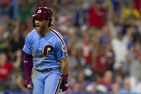 PHILADELPHIA, PA – AUGUST 15: Bryce Harper #3 of the Philadelphia Phillies reacts after hitting a walk-off grand slam against the Chicago Cubs at Citizens Bank Park on August 15, 2019 in Philadelphia, Pennsylvania. The Phillies defeated the Cubs 7-5. (Photo by Mitchell Leff/Getty Images)