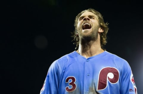 PHILADELPHIA, PA – AUGUST 15: Bryce Harper #3 of the Philadelphia Phillies reacts after hitting a walk-off grand slam against the Chicago Cubs at Citizens Bank Park on August 15, 2019 in Philadelphia, Pennsylvania. The Phillies defeated the Cubs 7-5. (Photo by Mitchell Leff/Getty Images)