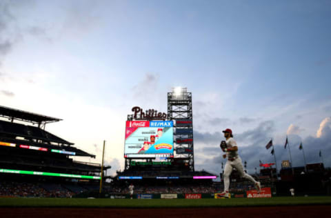 PHILADELPHIA, PA – AUGUST 16: Bryce Harper #3 of the Philadelphia Phillies heads back to the dugout between innings against the San Diego Padres at Citizens Bank Park on Friday, August 16, 2019 in Philadelphia, Pennsylvania. (Photo by Rob Tringali/MLB Photos via Getty Images)