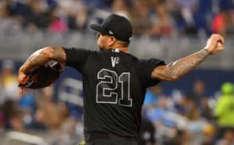 MIAMI, FL – AUGUST 23: Vince Velasquez #21 of the Philadelphia Phillies delivers a pitch in the second inning against the Miami Marlins at Marlins Park on August 23, 2019 in Miami, Florida. Teams are wearing special color schemed uniforms with players choosing nicknames to display for Players’ Weekend. (Photo by Mark Brown/Getty Images)