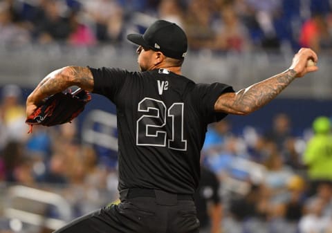 MIAMI, FL – AUGUST 23: Vince Velasquez #21 of the Philadelphia Phillies delivers a pitch in the second inning against the Miami Marlins at Marlins Park on August 23, 2019 in Miami, Florida. Teams are wearing special color schemed uniforms with players choosing nicknames to display for Players’ Weekend. (Photo by Mark Brown/Getty Images)