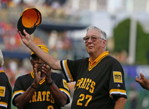 PITTSBURGH, PA – JULY 20: Kent Tekulve of the Pittsburgh Pirates waves to the crowd during a ceremony honoring the 1979 Pittsburgh Pirates World Series Championship before the game against the Philadelphia Phillies at PNC Park on July 20, 2019, in Pittsburgh, Pennsylvania. (Photo by Justin K. Aller/Getty Images)