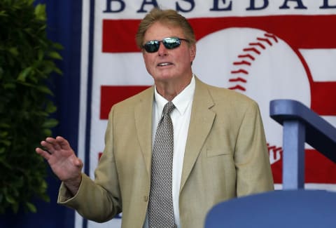 COOPERSTOWN, NEW YORK – JULY 21: Hall of Famer Steve Carlton is introduced during the Baseball Hall of Fame induction ceremony at Clark Sports Center on July 21, 2019 in Cooperstown, New York. (Photo by Jim McIsaac/Getty Images)