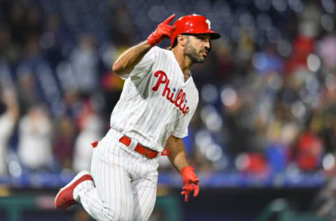 PHILADELPHIA, PA – AUGUST 26: Philadelphia Phillies Infield Sean Rodriguez (13) celebrates as he rounds the bases on a game-winning home run in the eleventh inning during the game between the Pittsburgh Pirates and Philadelphia Phillies on August 26, 2019 at Citizens Bank Park in Philadelphia, PA. (Photo by Kyle Ross/Icon Sportswire via Getty Images)