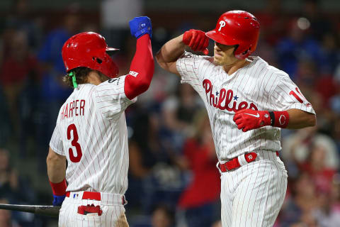 PHILADELPHIA, PA – AUGUST 28: J.T. Realmuto #10 of the Philadelphia Phillies is congratulated by Bryce Harper #3 after hitting a home run against the Pittsburgh Pirates during the sixth inning of a game at Citizens Bank Park on August 28, 2019, in Philadelphia, Pennsylvania. (Photo by Rich Schultz/Getty Images)