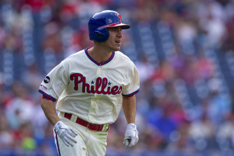 PHILADELPHIA, PA – JULY 28: Adam Haseley #40 of the Philadelphia Phillies runs to first base against the Atlanta Braves at Citizens Bank Park on July 28, 2019 in Philadelphia, Pennsylvania. (Photo by Mitchell Leff/Getty Images)