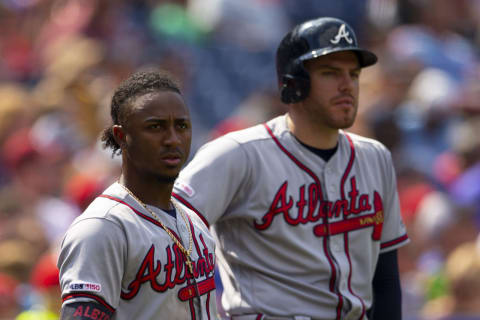 PHILADELPHIA, PA – JULY 28: Ozzie Albies #1 and Freddie Freeman #5 of the Atlanta Braves look on against the Philadelphia Phillies at Citizens Bank Park on July 28, 2019, in Philadelphia, Pennsylvania. (Photo by Mitchell Leff/Getty Images)