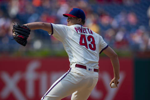 PHILADELPHIA, PA – JULY 28: Nick Pivetta #43 of the Philadelphia Phillies throws a pitch against the Atlanta Braves at Citizens Bank Park on July 28, 2019 in Philadelphia, Pennsylvania. (Photo by Mitchell Leff/Getty Images)