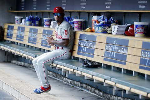 DETROIT, MI – JULY 24: Nick Williams #5 of the Philadelphia Phillies looks on while sitting in the dugout during a game against the Detroit Tigers at Comerica Park on July 24, 2019 in Detroit, Michigan. The Phillies won 4-0. (Photo by Joe Robbins/Getty Images)