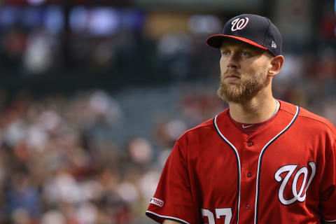 PHOENIX, ARIZONA – AUGUST 03: Starting pitcher Stephen Strasburg #37 of the Washington Nationals walks to the dugout before the MLB game against the Arizona Diamondbacks at Chase Field on August 03, 2019 in Phoenix, Arizona. (Photo by Christian Petersen/Getty Images)