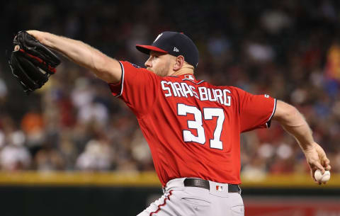 PHOENIX, ARIZONA – AUGUST 03: Starting pitcher Stephen Strasburg #37 of the Washington Nationals pitches against the Arizona Diamondbacks during the MLB game at Chase Field on August 03, 2019 in Phoenix, Arizona. The Diamondbacks defeated the Nationals 18-7. (Photo by Christian Petersen/Getty Images)