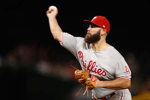 PHOENIX, ARIZONA – AUGUST 06: Starting pitcher Jake Arrieta #49 of the Philadelphia Phillies pitches against the Arizona Diamondbacks during the first inning of the MLB game at Chase Field on August 06, 2019 in Phoenix, Arizona. (Photo by Christian Petersen/Getty Images)