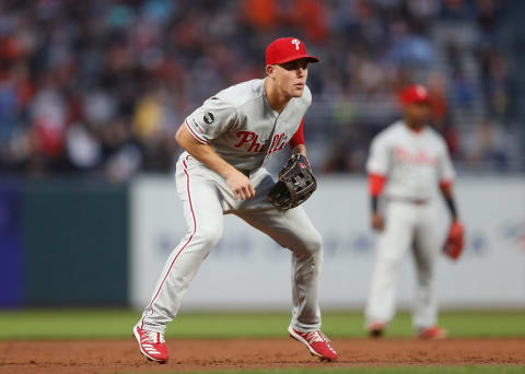 SAN FRANCISCO, CALIFORNIA – AUGUST 09: Scott Kingery #4 of the Philadelphia Phillies fields at third base against the San Francisco Giants at Oracle Park on August 09, 2019 in San Francisco, California. (Photo by Lachlan Cunningham/Getty Images)