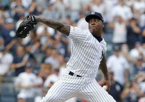 NEW YORK, NEW YORK – AUGUST 17: Aroldis Chapman #54 of the New York Yankees in action against the Cleveland Indians at Yankee Stadium on August 17, 2019 in New York City. The Yankees defeated the Indians 6-5. (Photo by Jim McIsaac/Getty Images)