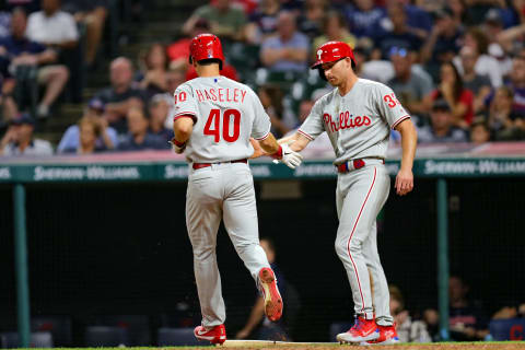 CLEVELAND, OH – SEPTEMBER 20: Philadelphia Phillies center fielder Adam Haseley (40) is congratulated by Philadelphia Phillies left fielder Brad Miller (33) after they both scored on the double hit by Philadelphia Phillies infielder Maikel Franco (7) (not pictured) during the fifth inning of the Major League Baseball interleague game between the Philidelphia Phillies and Cleveland Indians on September 20, 2019, at Progressive Field in Cleveland, OH. (Photo by Frank Jansky/Icon Sportswire via Getty Images)